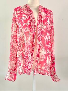 J. Crew Women's Boho Silk Down Pink Floral Sheer Long Sleeve Button Blouse